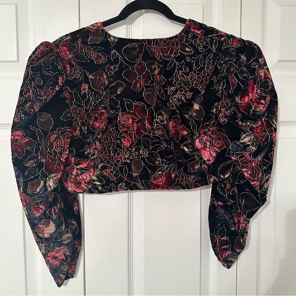 Vintage Steppin Out Jacket Womens 7 Black Floral Velvet Cropped Bolero 80s Party - Picture 2 of 9